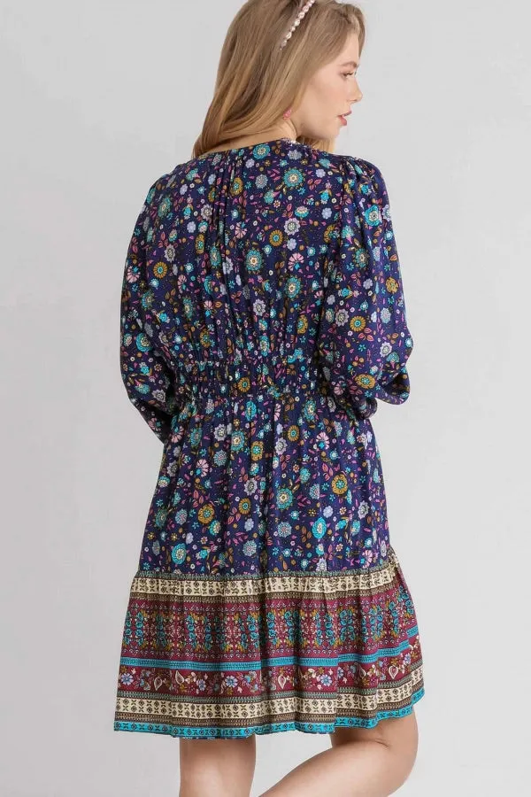 Umgee - Floral V-Neck Puff Sleeve Dress, Sapphire Mix