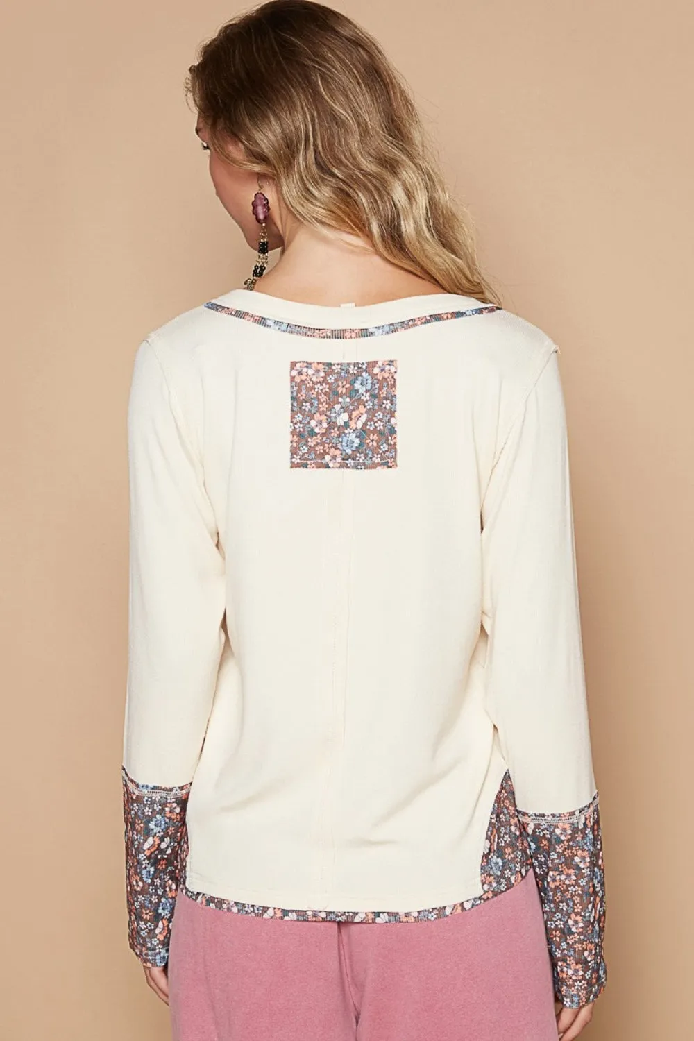 V-Neck Long Sleeve Floral Number Patch T-Shirt