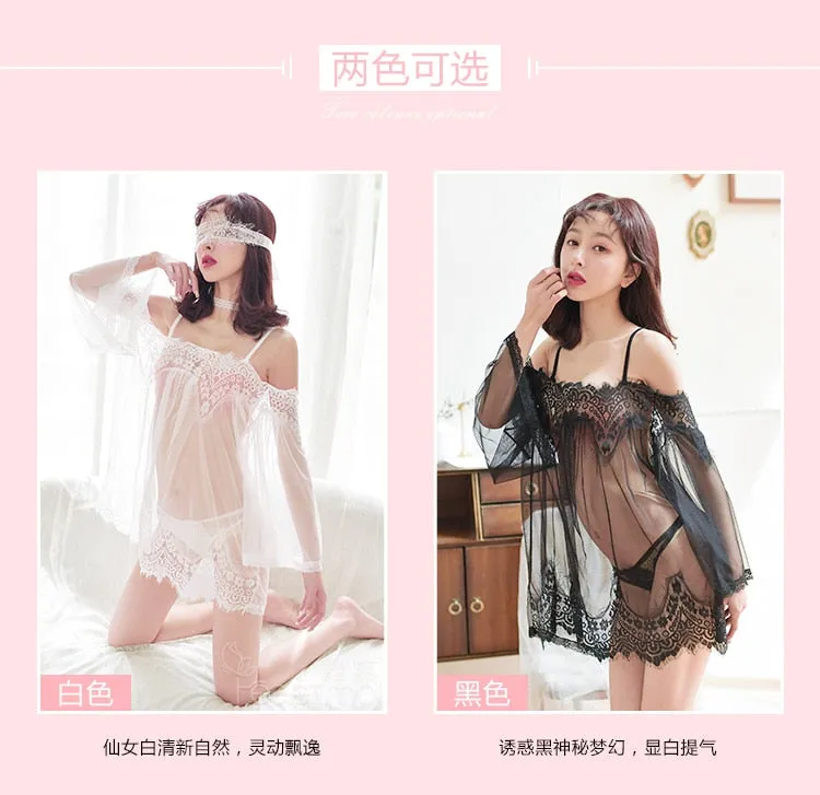 VenusFox High-end lace suspenders sexy nightdress ultra-thin perspective erotic lingerie sexy dress One-piece nightdress Set