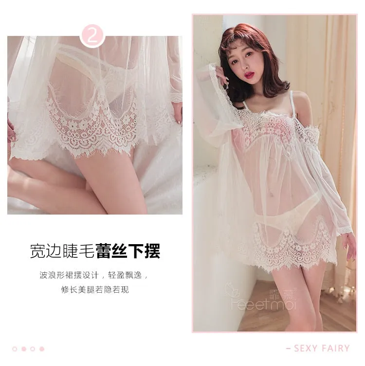 VenusFox High-end lace suspenders sexy nightdress ultra-thin perspective erotic lingerie sexy dress One-piece nightdress Set