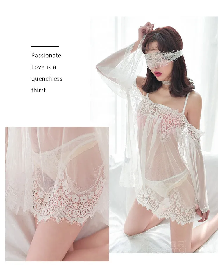 VenusFox High-end lace suspenders sexy nightdress ultra-thin perspective erotic lingerie sexy dress One-piece nightdress Set