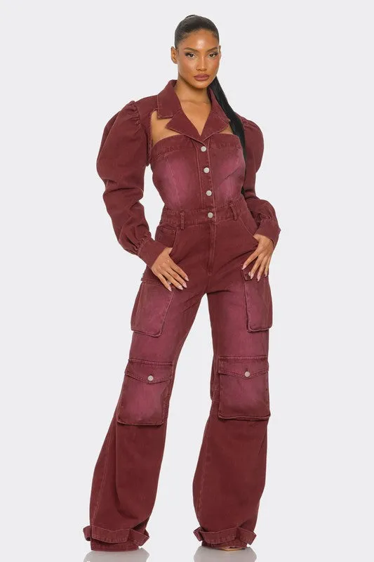 Vintage Inspired Utility Burgundy Jumpsuit