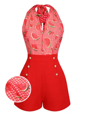 Watermelon Red 1950s Halter Patchwork Romper