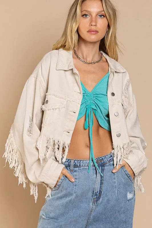 White Fringed Cropped Denim Jacket 100% Cotton Premium Luxury Jean Jackets Womens Fashion KESLEYT