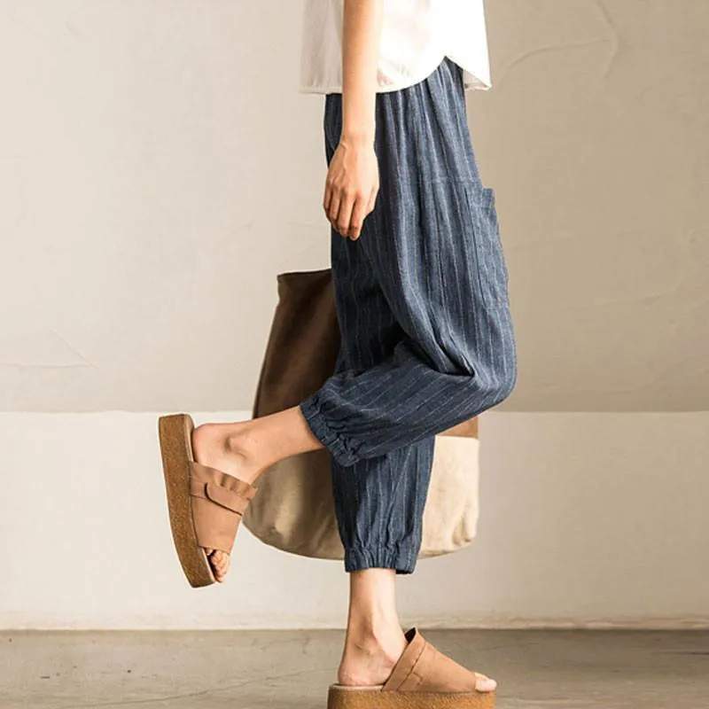 Women Casual Vintage High Elastic Waist Pockets Striped Baggy Harem Pants Turnip Trousers Work OL Wide Leg Pantalon