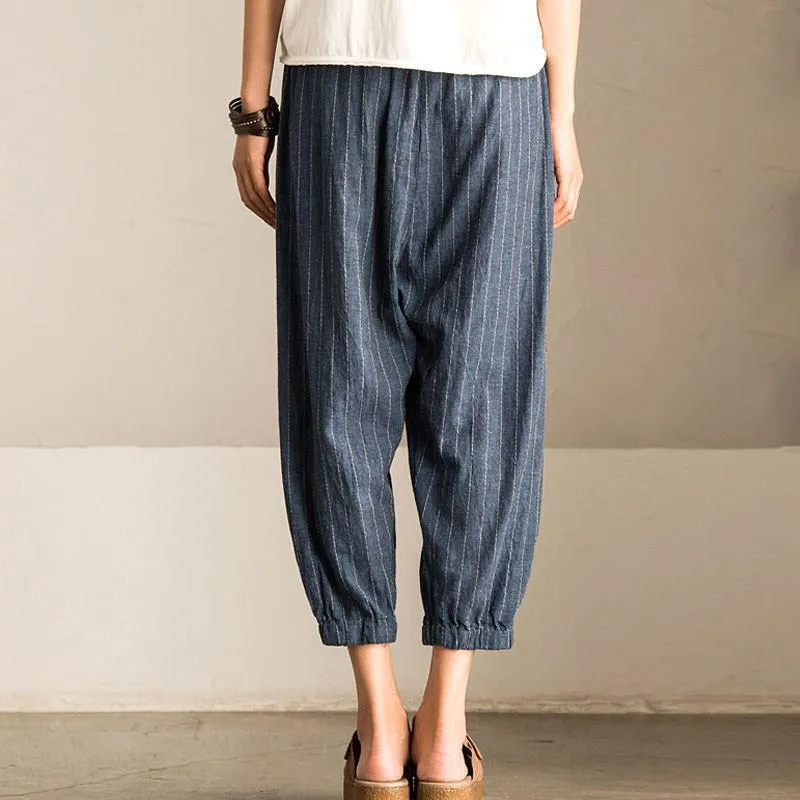 Women Casual Vintage High Elastic Waist Pockets Striped Baggy Harem Pants Turnip Trousers Work OL Wide Leg Pantalon