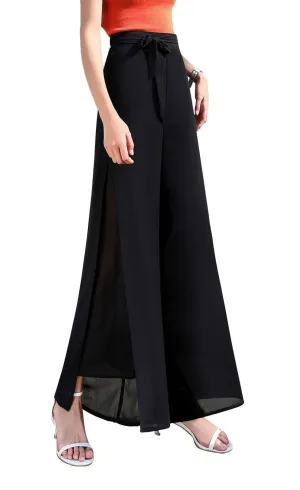 Womens Chiffon High Waist Palazzo Dressy Pants Flare Elastic Waist Trousers