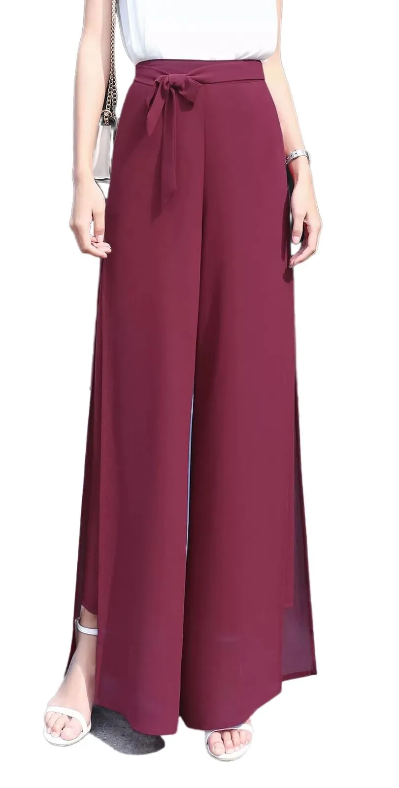 Womens Chiffon High Waist Palazzo Dressy Pants Flare Elastic Waist Trousers