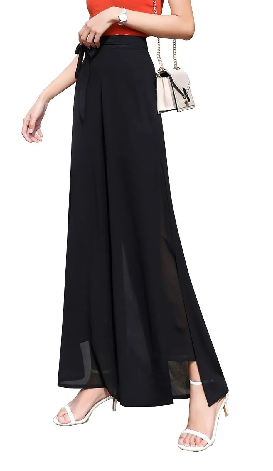 Womens Chiffon High Waist Palazzo Dressy Pants Flare Elastic Waist Trousers