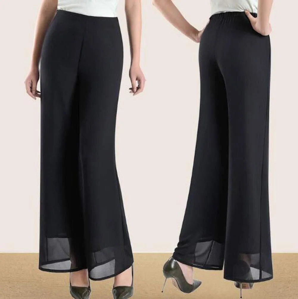 Womens Chiffon High Waist Palazzo Dressy Pants Flare Elastic Waist Trousers