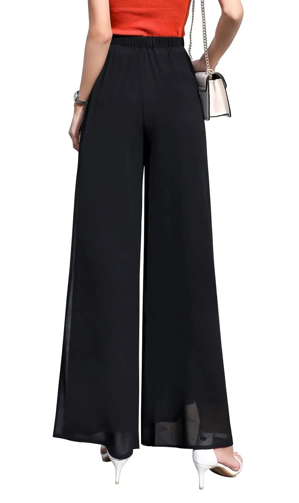 Womens Chiffon High Waist Palazzo Dressy Pants Flare Elastic Waist Trousers