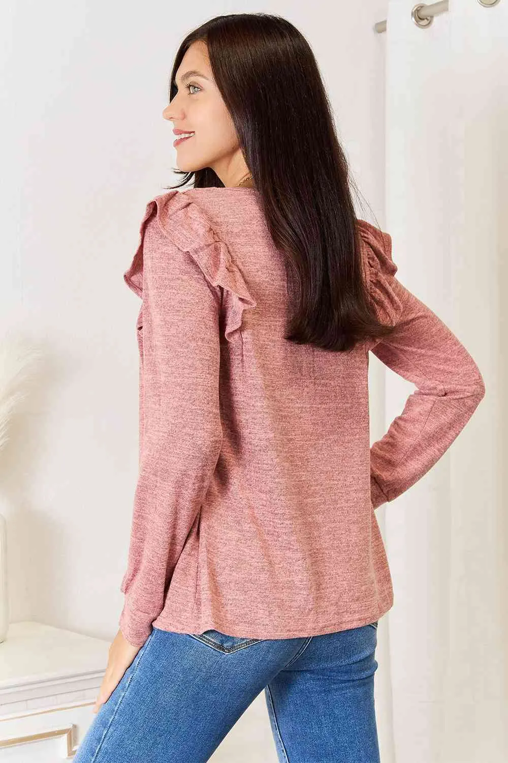 Women's Double Take Square Neck Ruffle Shoulder Long Sleeve T-Shirt