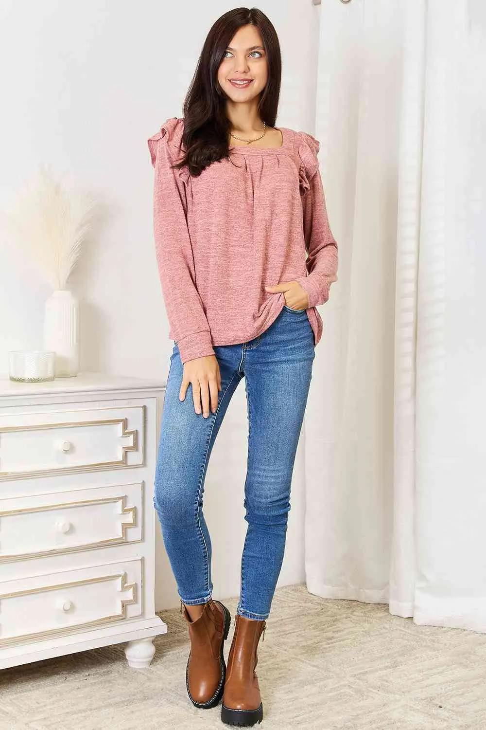 Women's Double Take Square Neck Ruffle Shoulder Long Sleeve T-Shirt