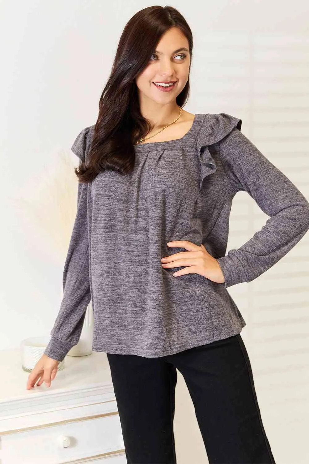 Women's Double Take Square Neck Ruffle Shoulder Long Sleeve T-Shirt