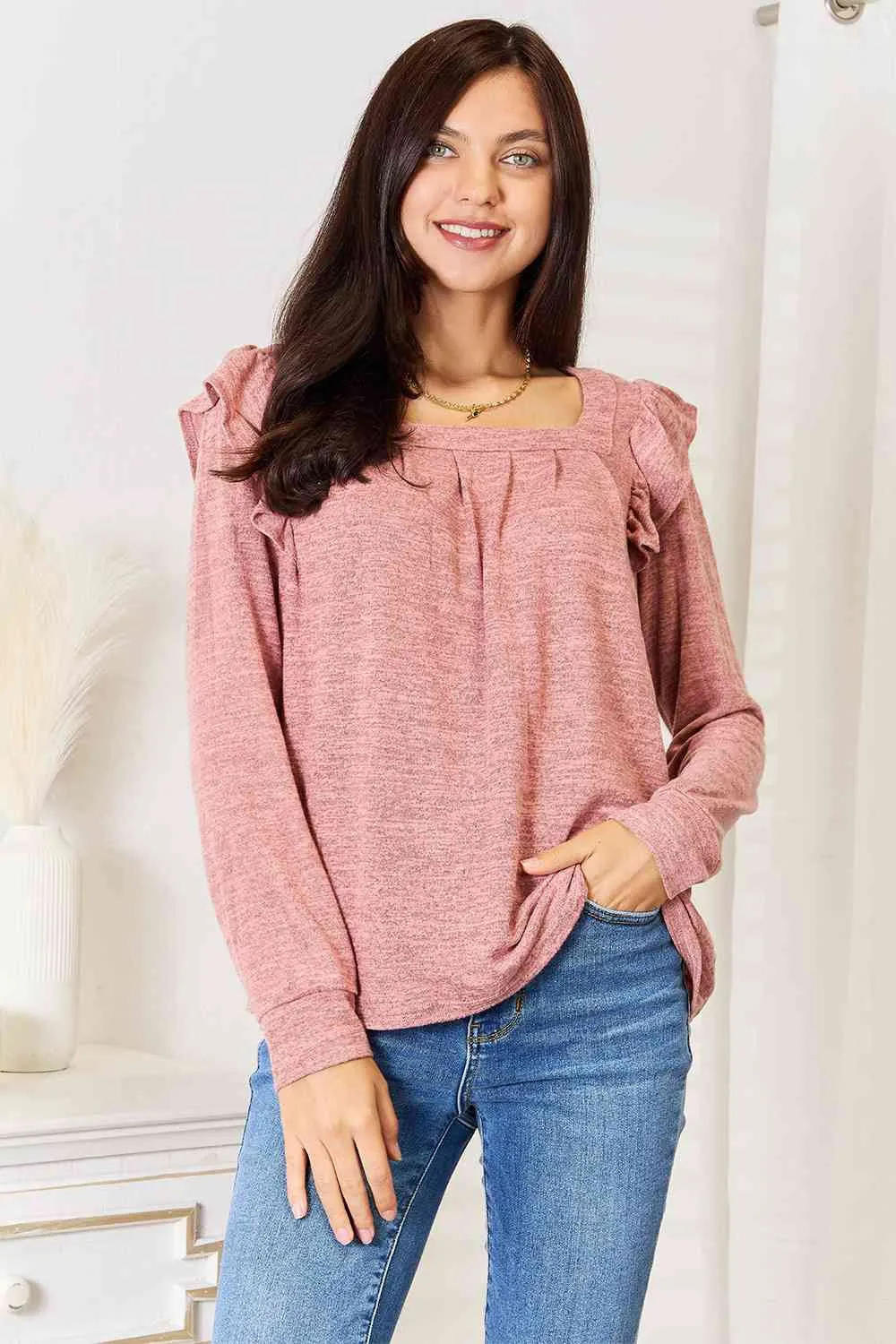 Women's Double Take Square Neck Ruffle Shoulder Long Sleeve T-Shirt