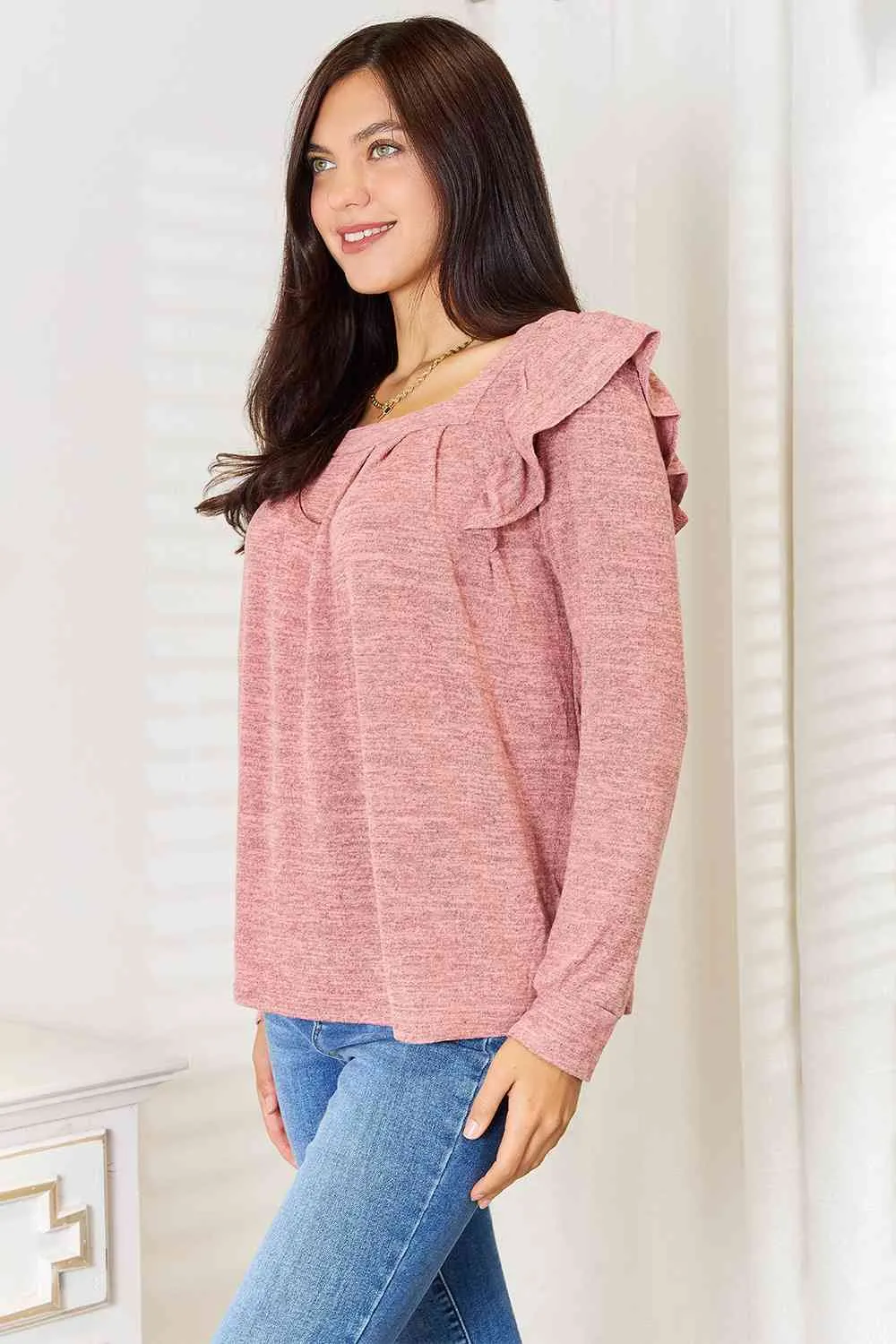 Women's Double Take Square Neck Ruffle Shoulder Long Sleeve T-Shirt