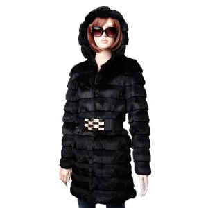 Women's Genuine Rabbit Fur Coat Women with Big Hoodie Outwear 151255