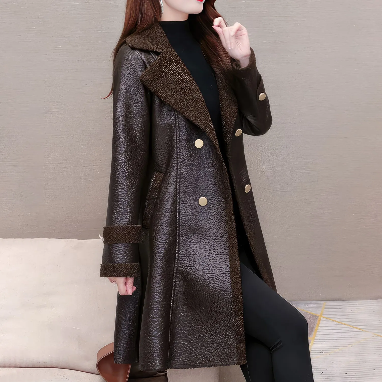 Women's Genuine Sheepskin Sherpa Shearling Faux Fur Lined Korean Style Belted Leather Coat - Wine Red, Mid-Length, Slim Fit, Elegant