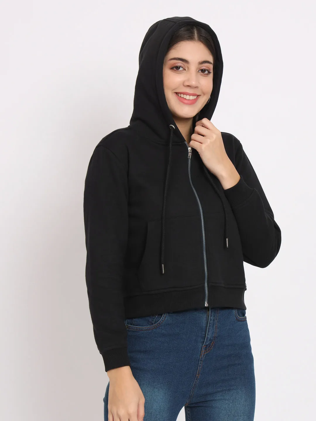 Women's Hooded Long Sleeves Cotton Black Jacket