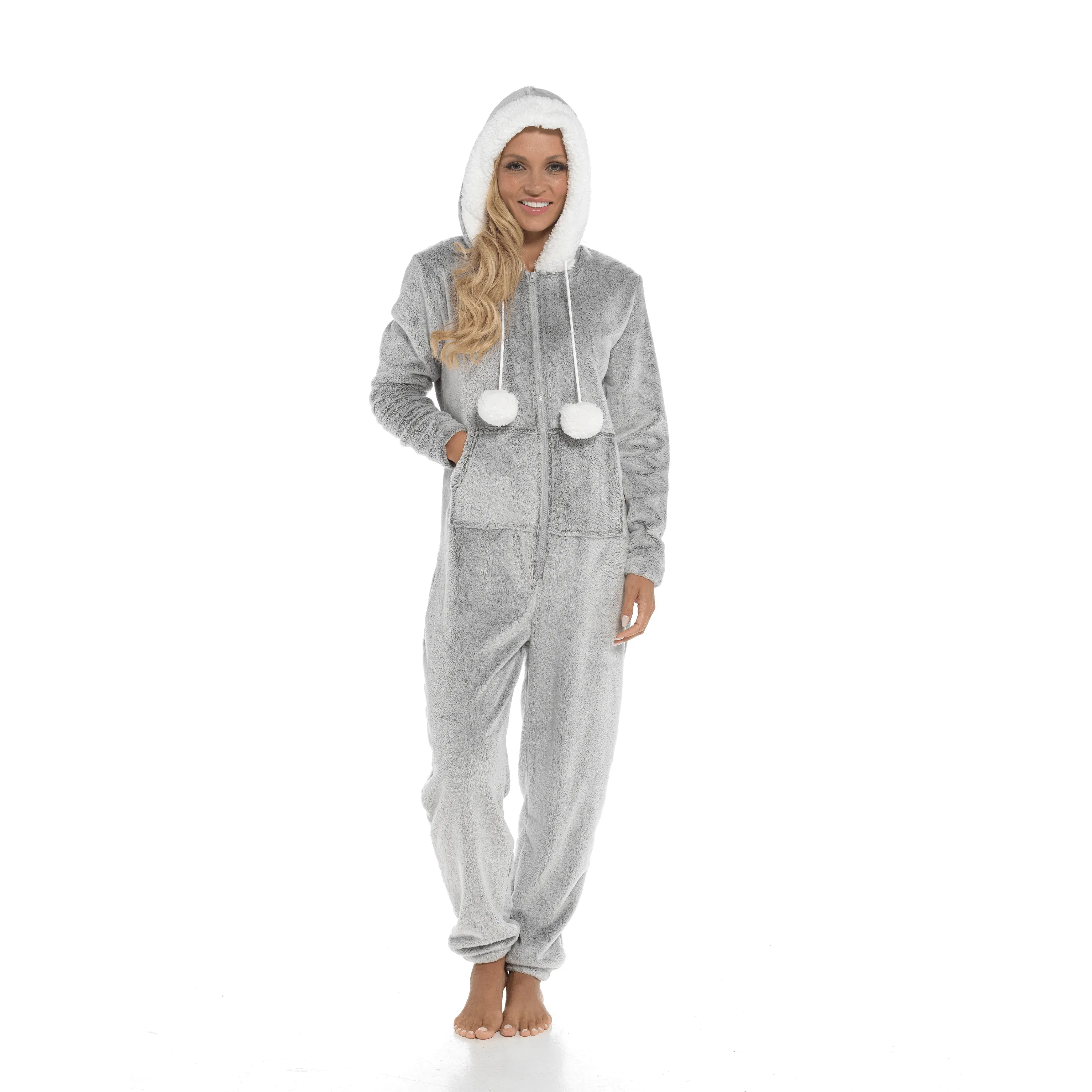 Women's Luxurious Shimmer Fleece Hooded Onesie with Zip Pockets and Pompoms Ultimate Comfort Sleepwear by Daisy Dreamer