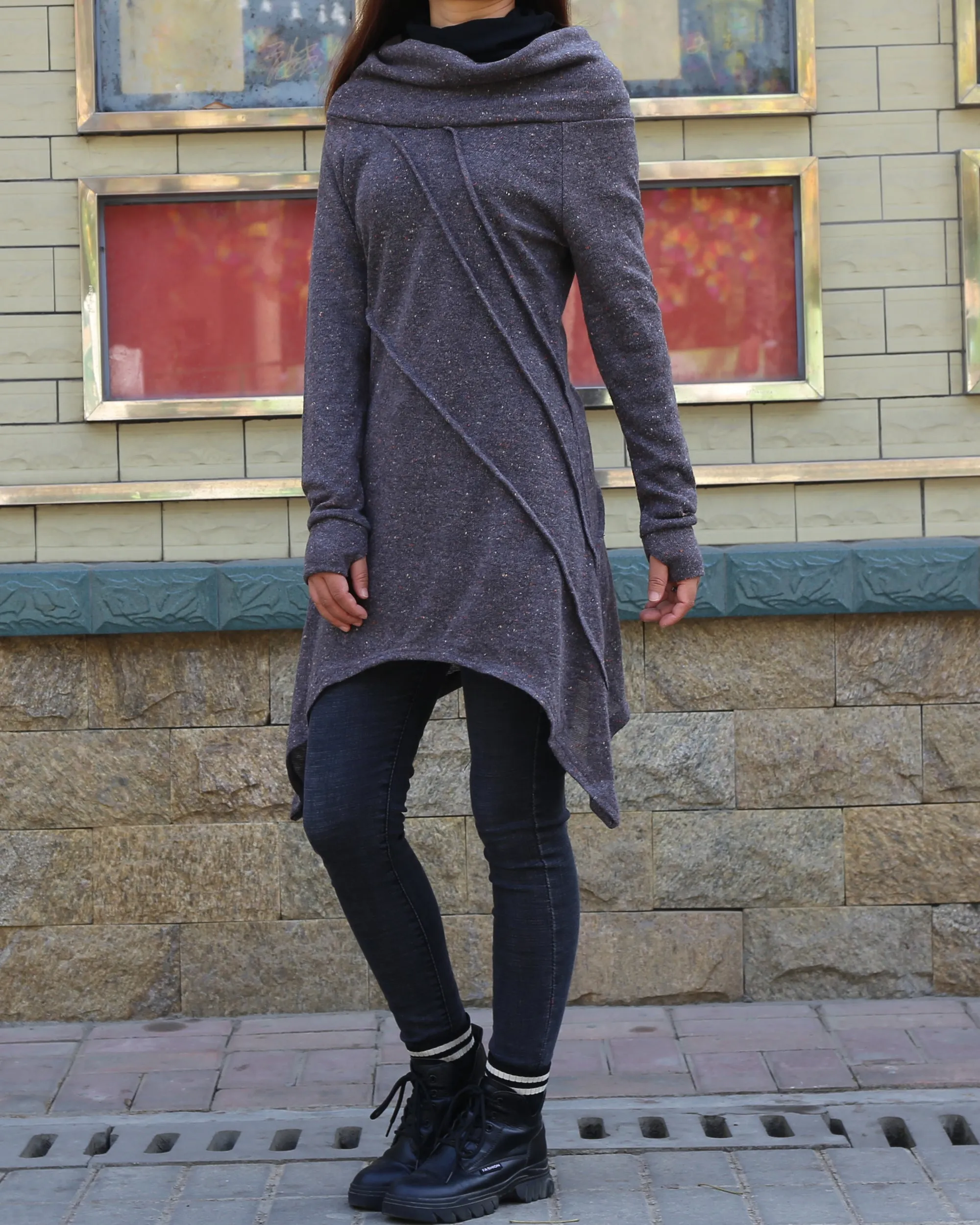 women's wool tunic dress/off shoulder sweater dress/long sleeve top with thumbholes/knit tunic top for leggings(Q5115)