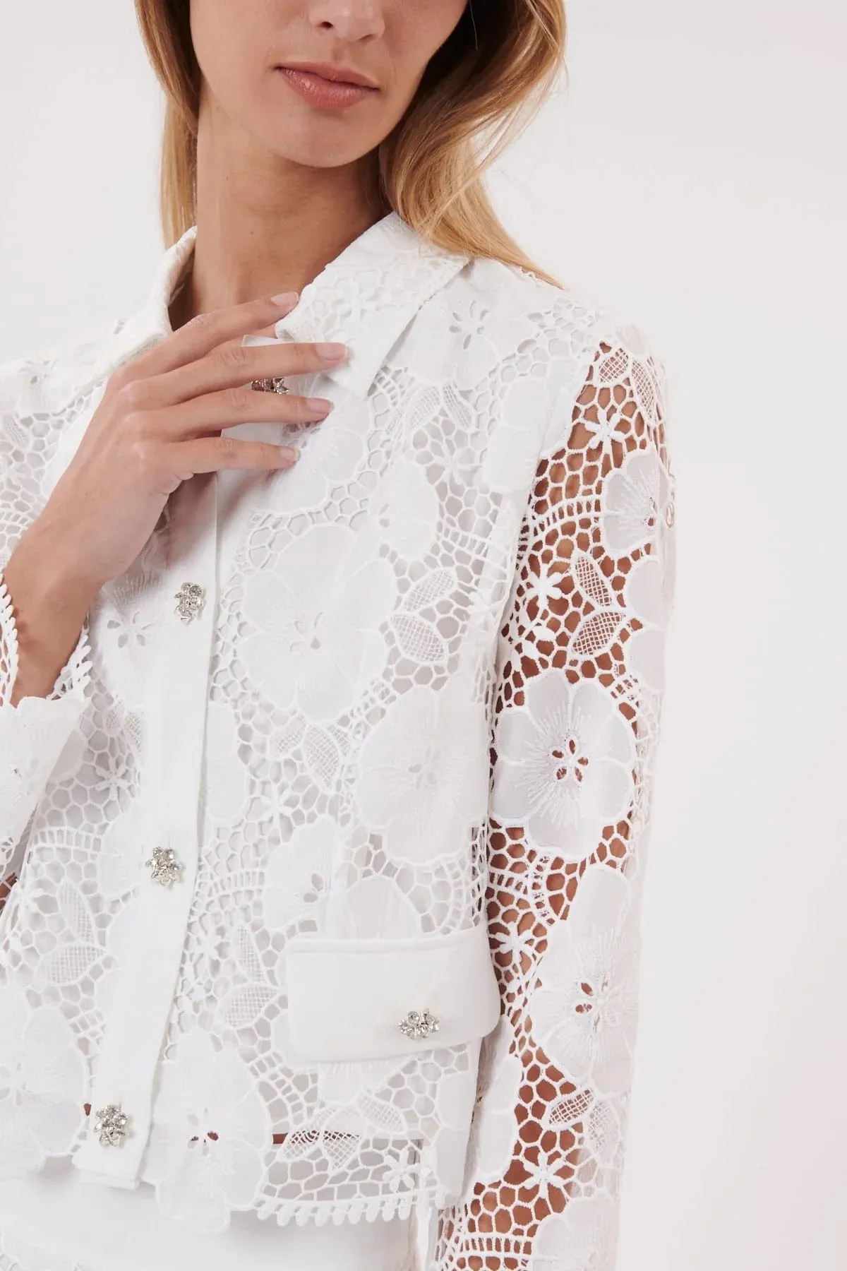 Ymane eyelet/lace shirt jacket- White