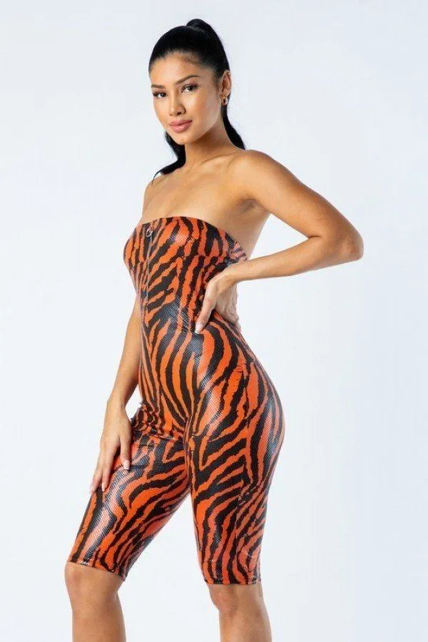 Zebra Print Tube Romper With Front O Ring Zipper Detail